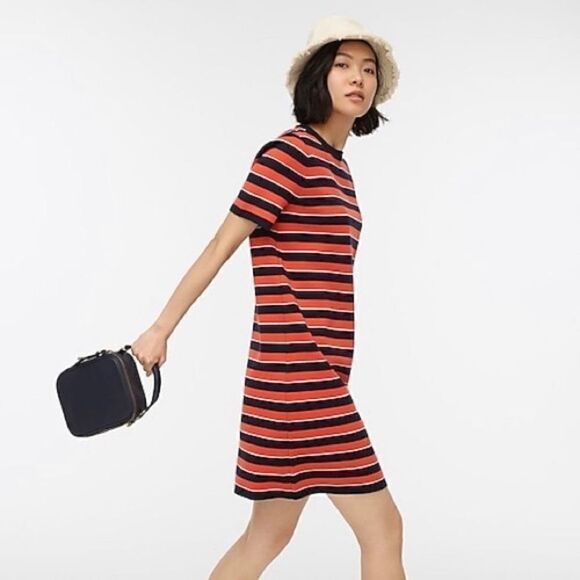 J Crew Short Sleeve Striped Sweater Dress Merino Wool Large Blue Orange Midi - Picture 1 of 9